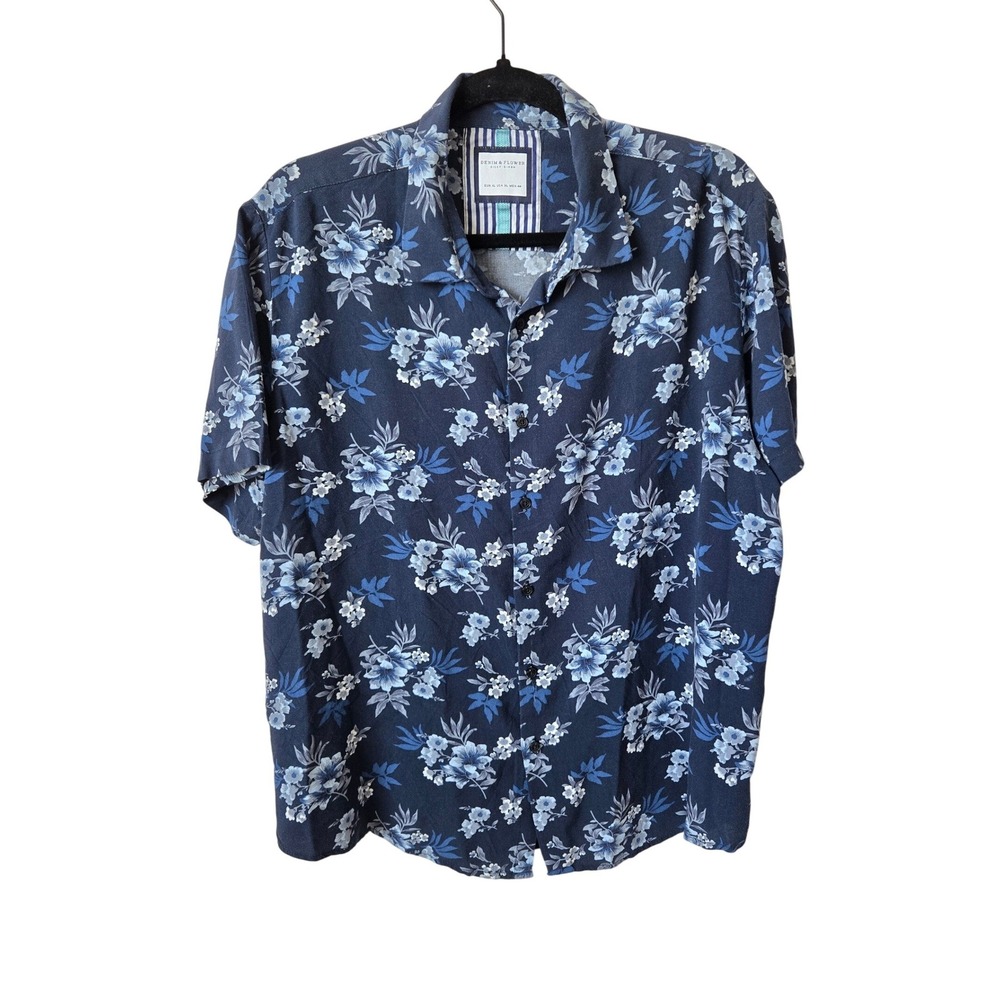 Denim & Flower Ricky Singh Shirt Blue Floral Hawaiian Mens XL, Aloha, Tropical